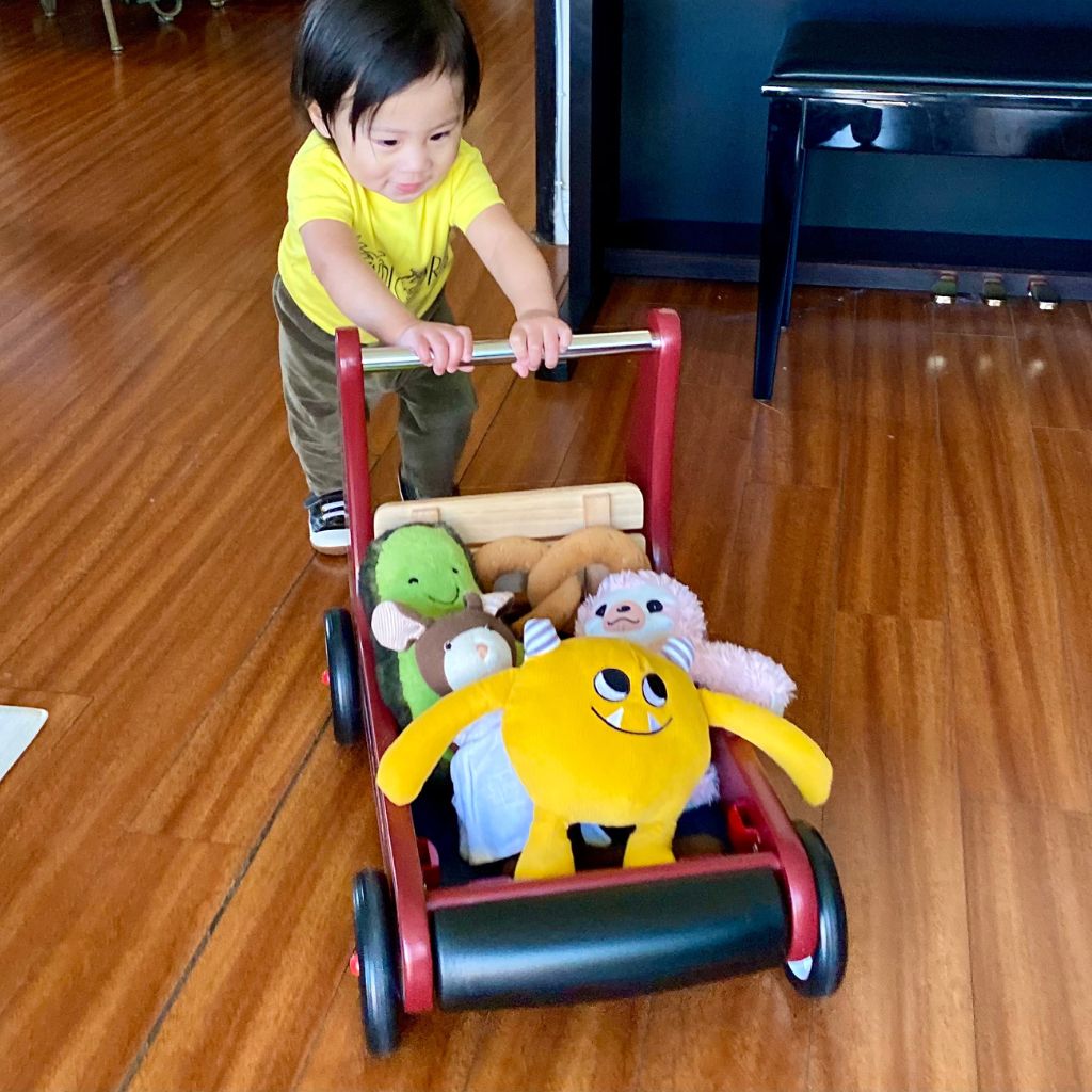 Jonathan with walker wagon. AutumnLife Reflective Parenting.